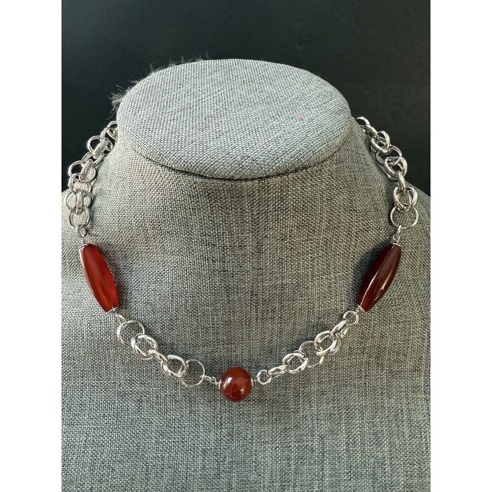 Sterling Silver Agate Gemstones Link Necklace Chunky .925 Classic Career Artisan